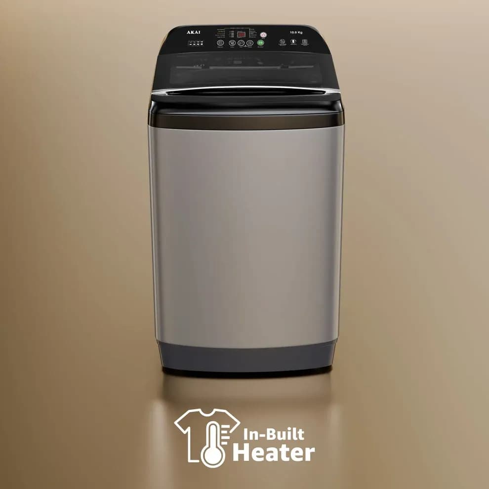 akai 10kg 5 star fully automatic top load washing machine with in built heater glass lid inox grey