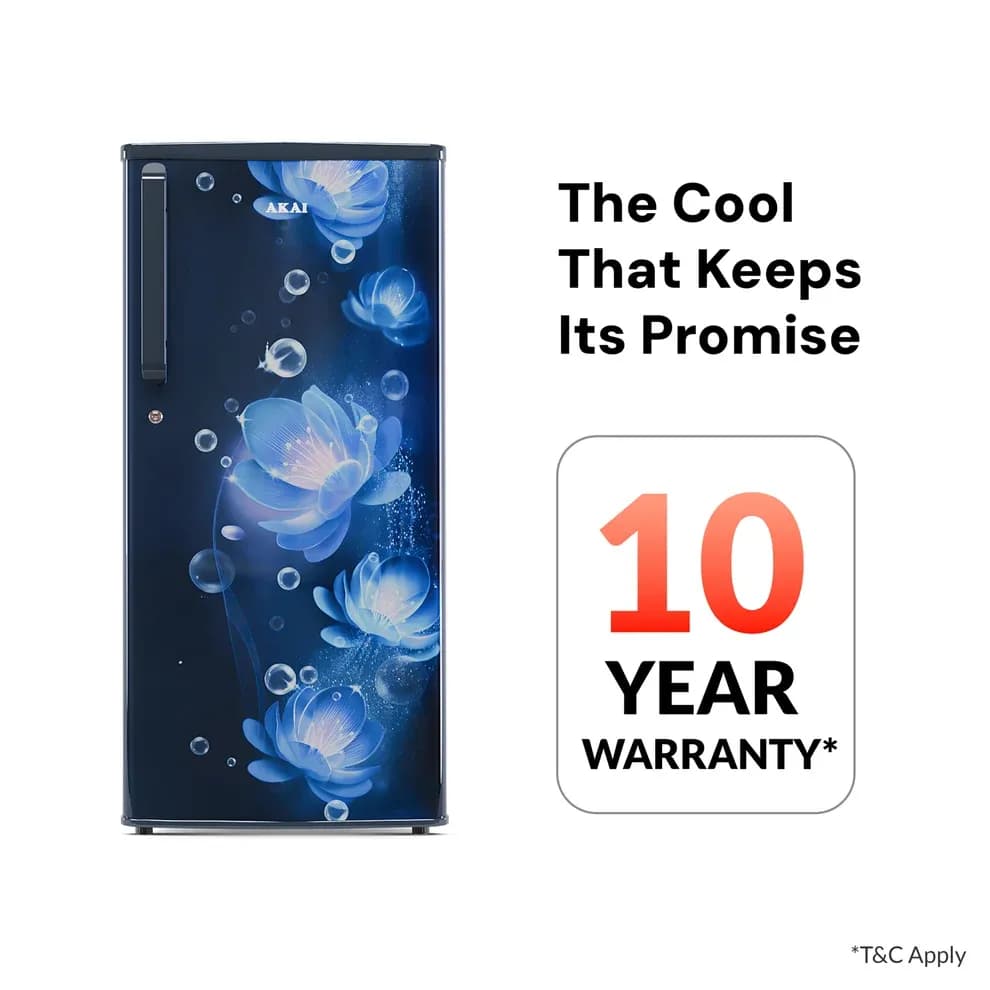 Akai 190L, 1 Star, Single Door Direct Cool Refrigerator (Continious Flower Blue)