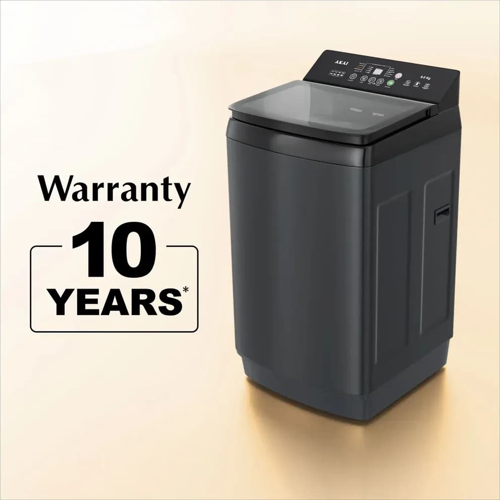 Akai 9Kg, 5 Star, Fully Automatic Top Load Washing Machine with In-Built Heater, Glass Lid, Mid Black
